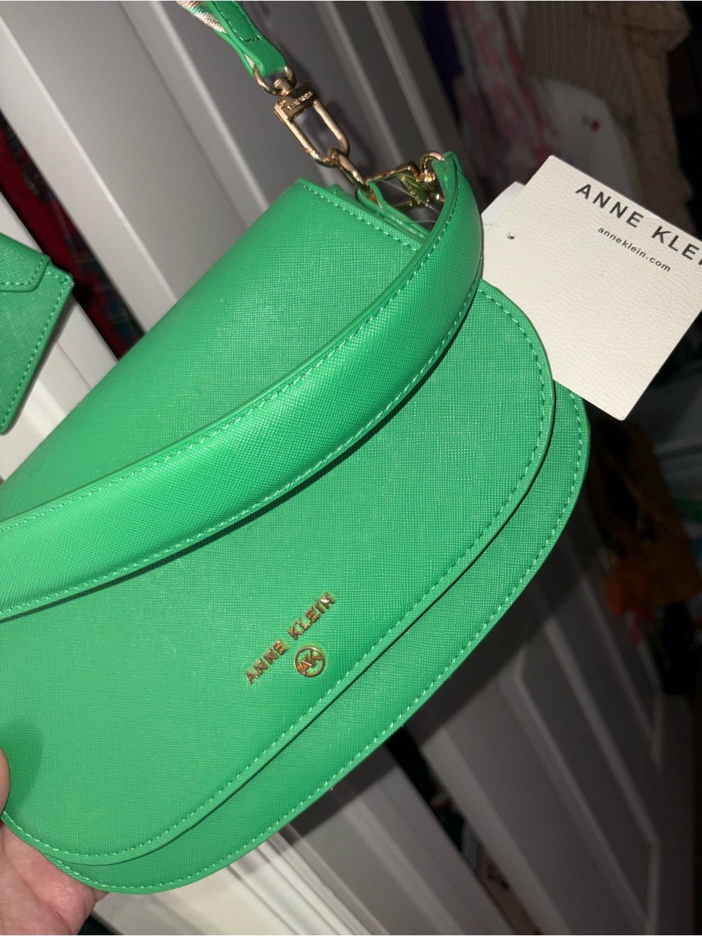 Anne Klein Bright Green Crescent Crossbody with Gold Hardware
